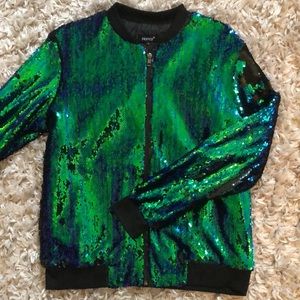 Reversible mermaid colored sequin jacket